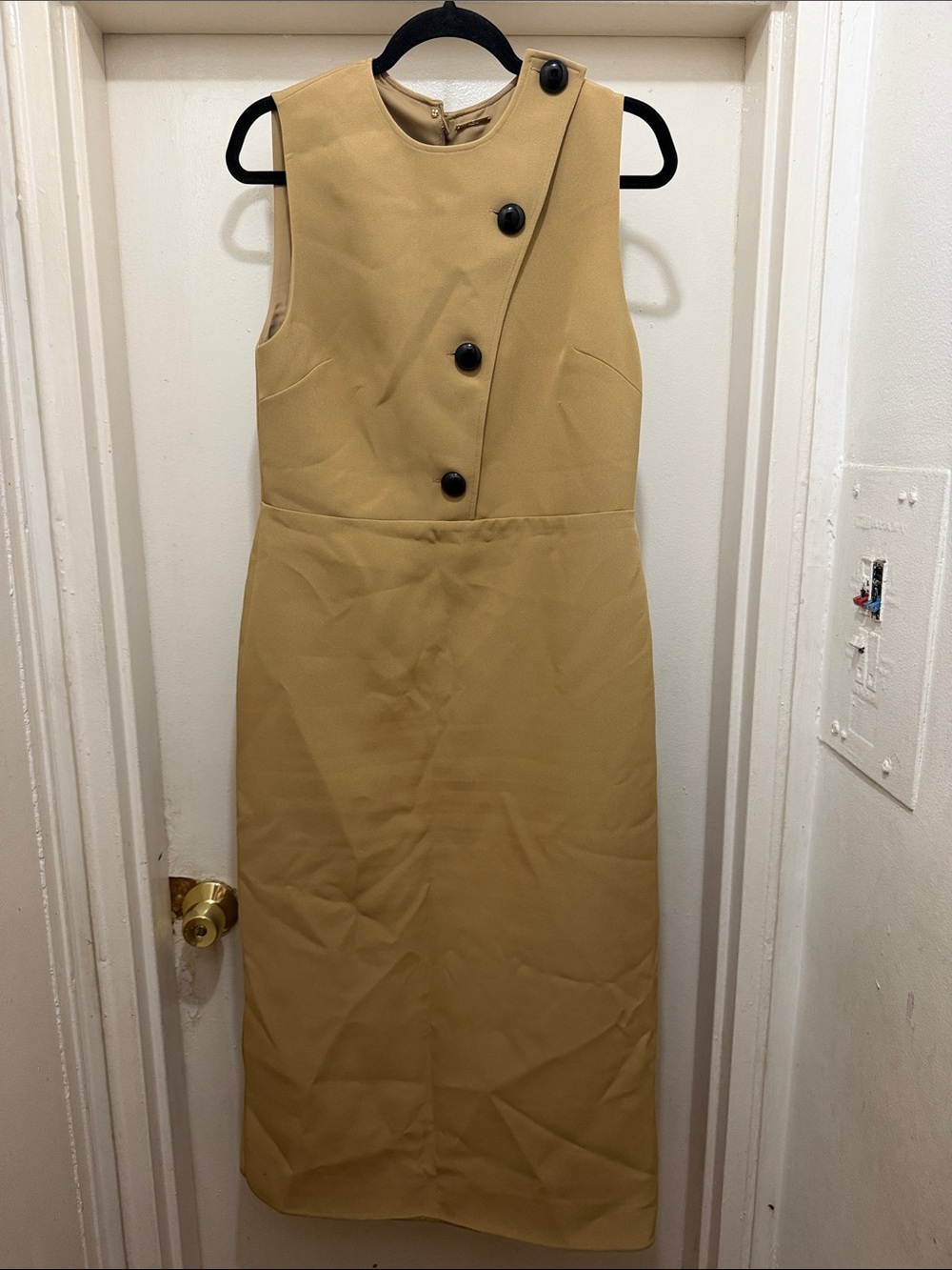 Alexis Sleeveless Camel Midi Dress with Asymmetrical Button Placket